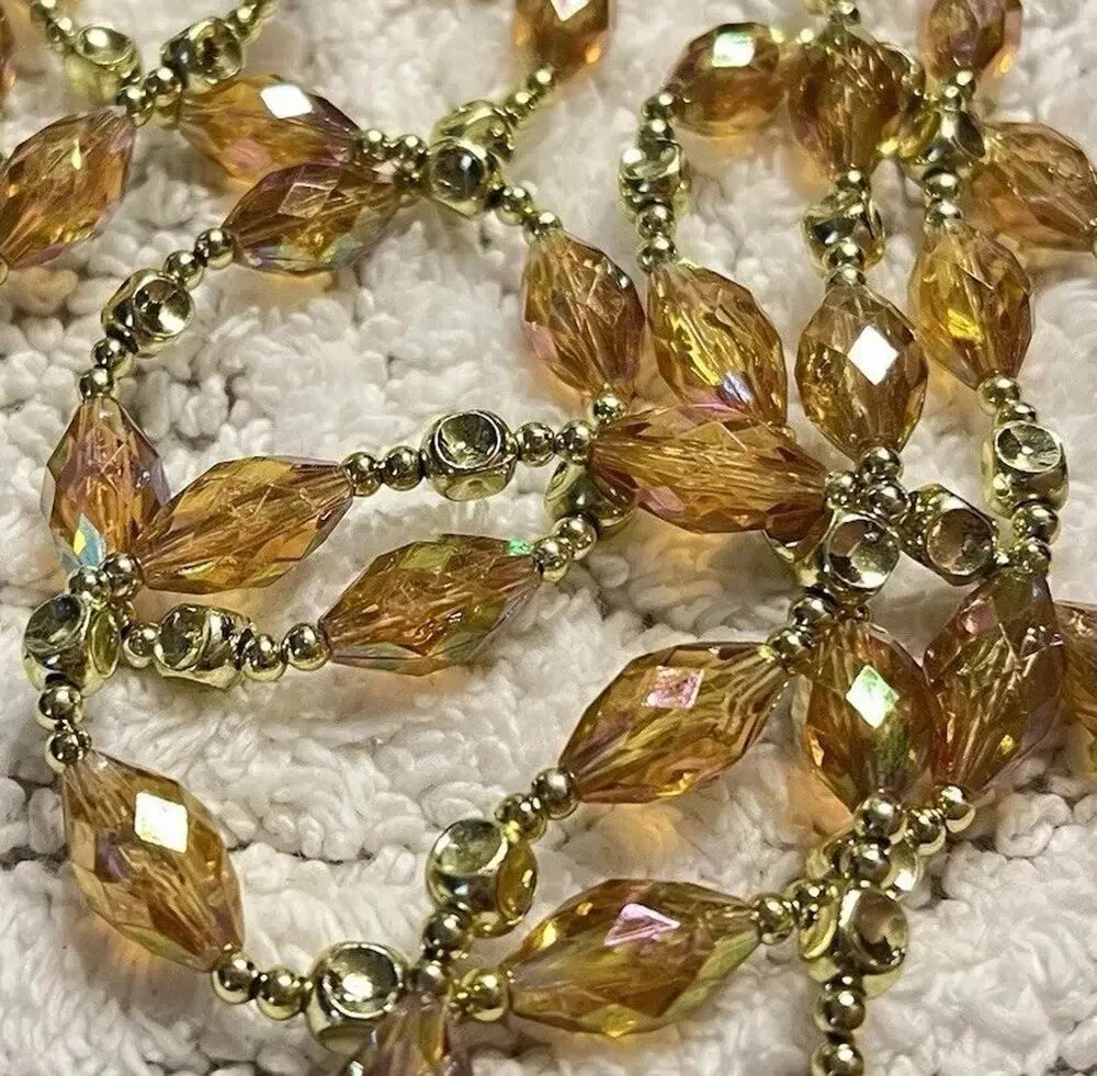 Amber Gold Iridescent Faceted Beaded Garland 24’ (Set of 2, Each 12’) Christmas